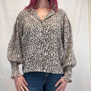 Vine & Love Women's Animal Print Blouse Large Collared Leopard Cheetah Shirt